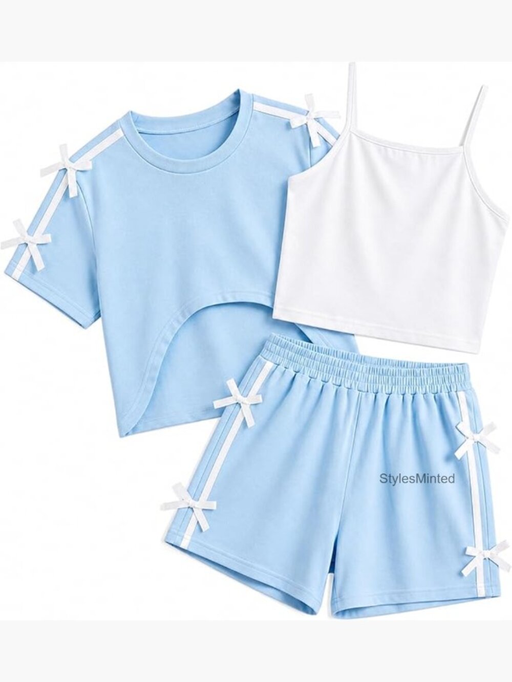 Girls 3 Piece Short Set Crop Top Cami Tank & Shorts Bow Knot Casual